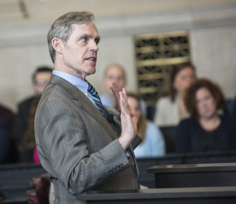 Tim Woodcock, the attorney representing the state Senate, makes his case Thursday before the Maine Supreme Judicial Court.