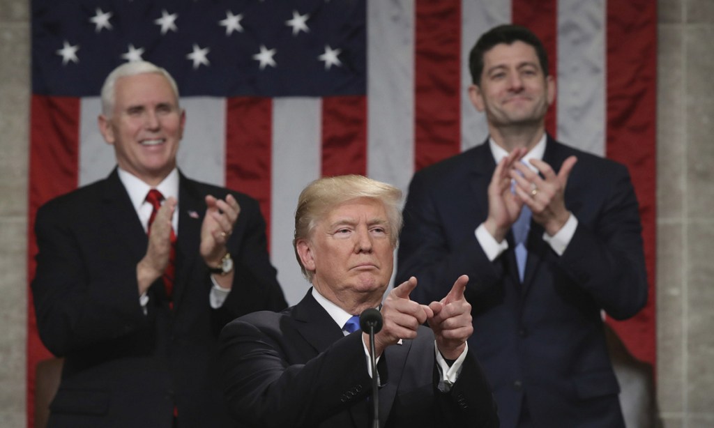 President Trump delivers his first State of the Union address as Vice President Mike Pence and House Speaker Paul Ryan applaud. Under Ryan's House leadership, the deficit has ballooned, spending has increased and Trump's destructive behavior has gone unchecked.