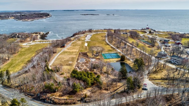 A drone's-eye view April 8 of Fort Williams Park in Cape Elizabeth, where the use of drones may be restricted.
