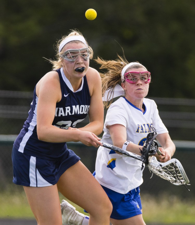 FALMOUTH ME - JUNE 2: Yarmouth's Meredith Lane and Falmouth's Sydney Bell compete for a loose ball during girls lacrosse action at Falmouth High School on Friday, June 2,, 2017. (Photo by Carl D. Walsh/Staff Photographer)