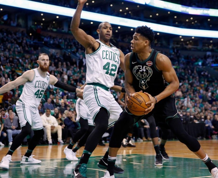 In playing more minutes than any other game this season, Al Horford of the Boston Celtics tried to make things tough for Giannis Antetokounmpo of the Milwaukee Bucks in Game 1.