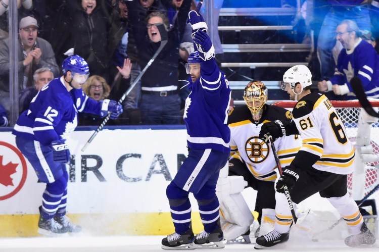 Toronto Maple Leafs centre Patrick Marleau celebrates after scoring on Boston Bruins goaltender Tuukka Rask in the third period of the Maple Leafs' 4-2 win in Game 3 of their first-round series on Monday in Toronto.