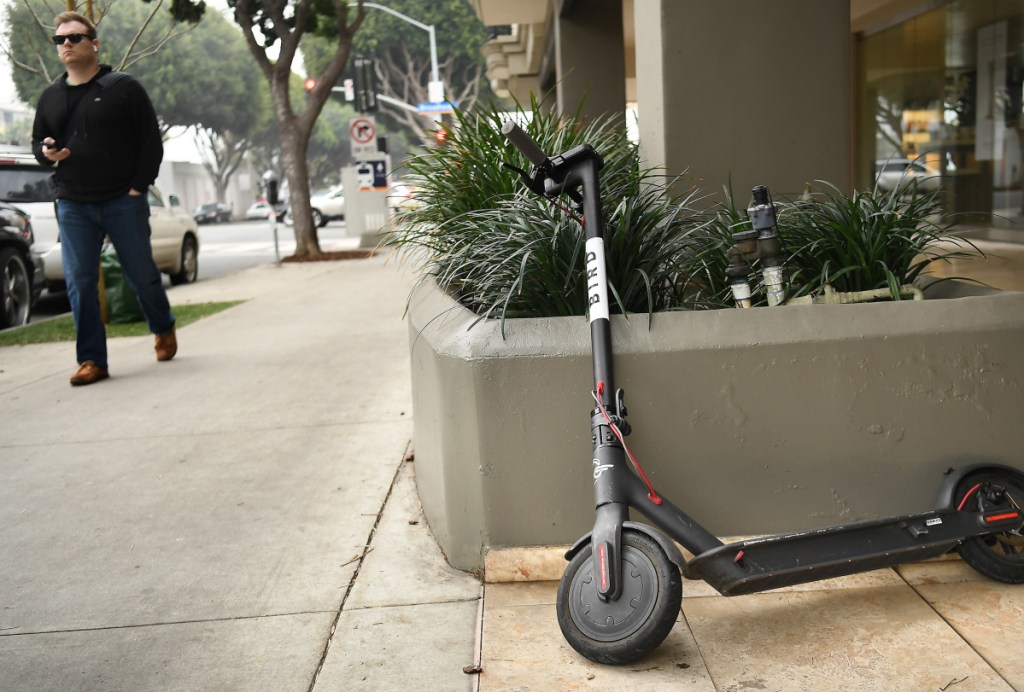A Bird scooter stands along 5th Avenue in Santa Monica, Calif. The scooters have become a source of irritation for city officials as they are being used without any regulation.