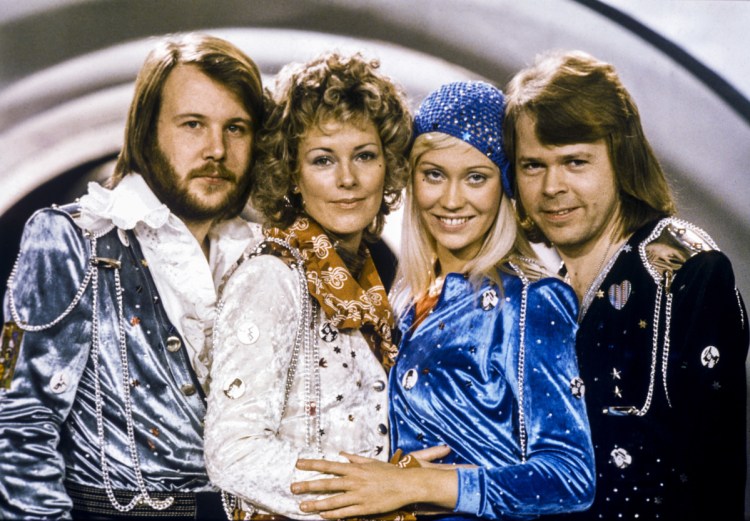 The Swedish pop group Abba shown in 1974, from left: Benny Andersson, Anni-Frid Lyngstad, Agnetha Faltskog and Bjorn Ulvaeus posing after winning the Swedish branch of the Eurovision Song Contest with their song "Waterloo". 