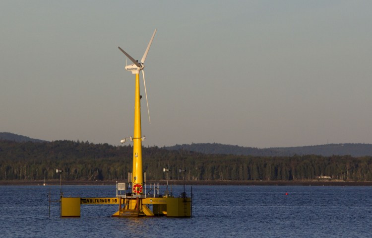 Volturn US generates power off Castine in 2013. The prototype was  a scale model of the floating turbines to be used in a wind project planned for deep water off Monhegan Island.