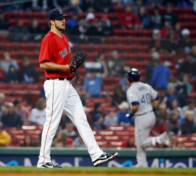 Drew Pomeranz of the Boston Red Sox was a victim of home-run balls Friday night, allowing four homers in five innings. One of them was to Wilson Ramos of the Tampa Bay Rays, who circles the bases in the first inning.