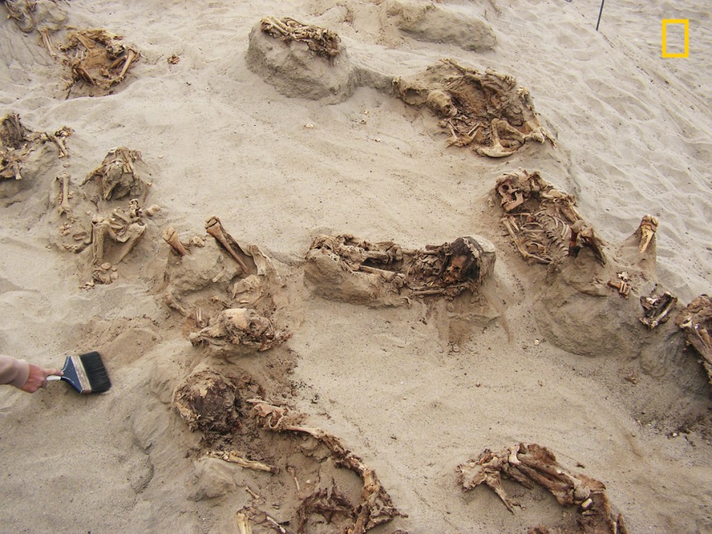 This April 22, 2011 handout photo provided by National Geographic shows more than a dozen bodies preserved in dry sand for more than 500 years, at the Huanchaquito-Las Llamas site near Trujillo, Peru. Researchers reported that, "except for three adult burials (two females and one male), all the human skeletal remains were of children, ranging in age from approximately five to fourteen years, with the majority falling in the range of eight to twelve years of age." 