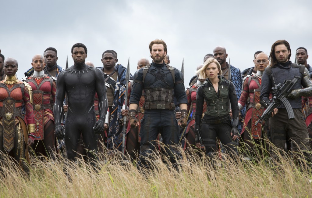 Front row from left: Danai Gurira, Chadwick Boseman, Chris Evans, Scarlet Johansson and Sebastian Stan in a scene from "Avengers: Infinity War."