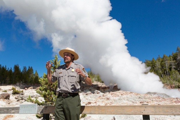 Geysers are the result of magma heating water that has seeped into the ground, triggering an eruption of liquid through vents in the Earth's surface for as long as dozens of minutes, followed by billowing steam that may last days. The steam phase of Steamboat Geyser is shown above in 2014.