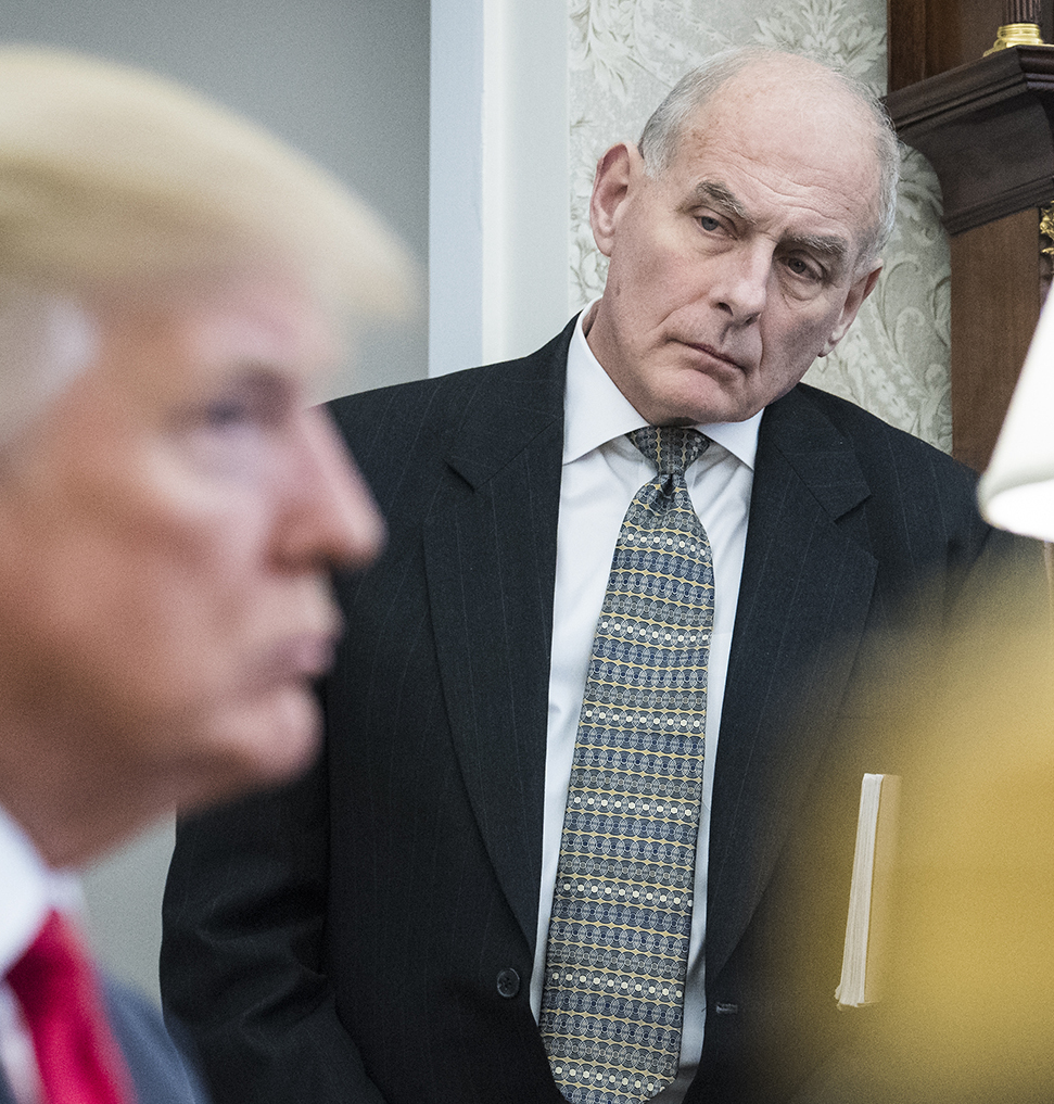White House Chief of Staff John Kelly watches as President Trump speaks in the Oval Office on Feb. 2.