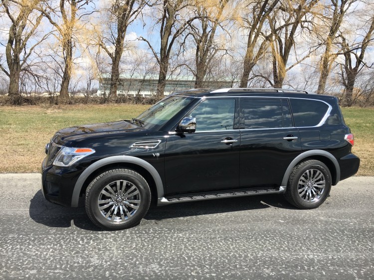 The 2018 Nissan Armada in Platinum Reserve trim is an 8-seat AWD full-size SUV powered by a 390-horsepower 5.6-liter V-8 engine with 7-speed transmission capable of towing 8,500 pounds.
