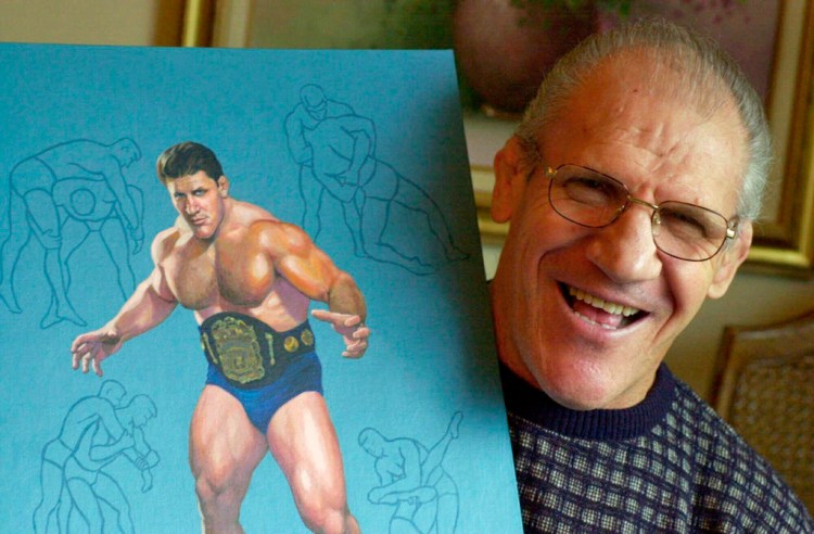 Former pro wrestler Bruno Sammartino, 65, poses in 2000 with a painting of him in his pro wrestling prime weighing 275 pounds in 1965 at age 35.