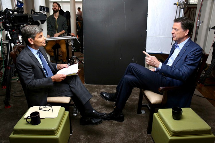 ABC News correspondent George Stephanopoulos, left, appears with former FBI director James Comey for a taped interview that is airing during a primetime "20/20" special on Sunday.
