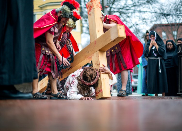 PORTLAND, ME - MARCH 30: Renactment of Stations of the Cross at Sacred Heart Church in Portland on Friday, March 30, 2018. In the Seventh Station Jesus falls for the second time.  (Photo by Derek Davis/Staff Photographer)