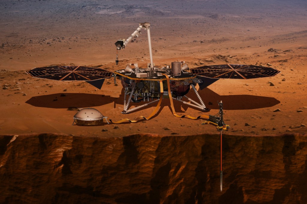 Illustration shows the InSight lander drilling into Mars. InSight is due to launch from Vandenberg Air Force Base on Saturday and land on Mars nearly seven months later.