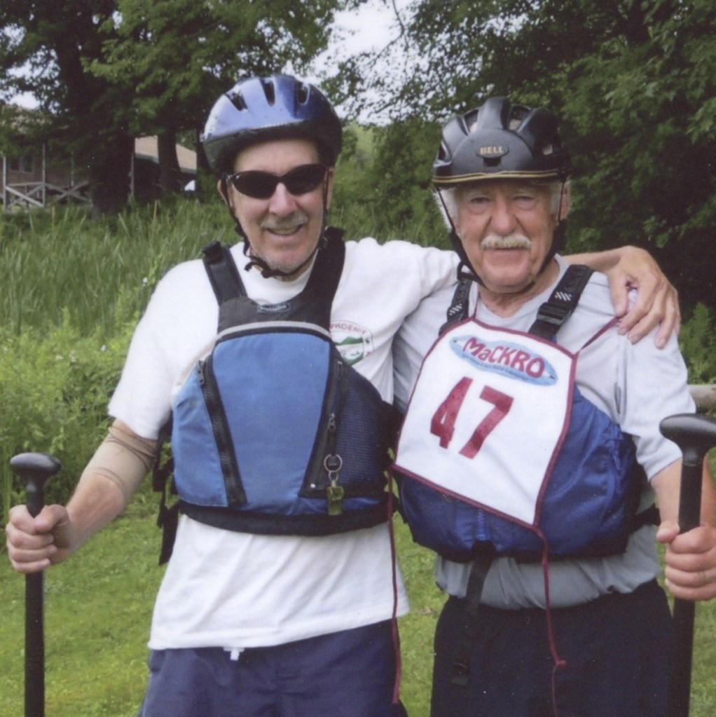 Bucky Owen, left, and Frank Woodard, right, after finishing as a team in the National Whitewater Canoe Championships in the Penobscot River on July 26, 2015. The two raced together in canoe races in the 1970s and 1980s before teaming up together again in 2015, when they both were in their late 70s. "Now that I think about it, we were like a couple of brothers," Woodard said of their canoe team. "It's special because such great coordination is required and you can tell when your coordination is perfect." 