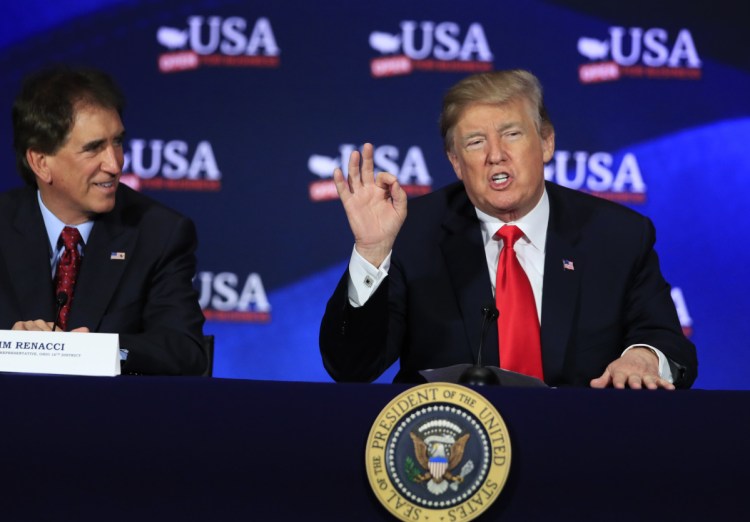 Stumping for Rep. Jim Renacci, a Republican Senate candidate in Ohio, President Trump uses a roundtable talk on tax reform in Cleveland on Saturday to celebrate his "pretty good" poll numbers and to attack the nation's "ridiculous" immigration laws.