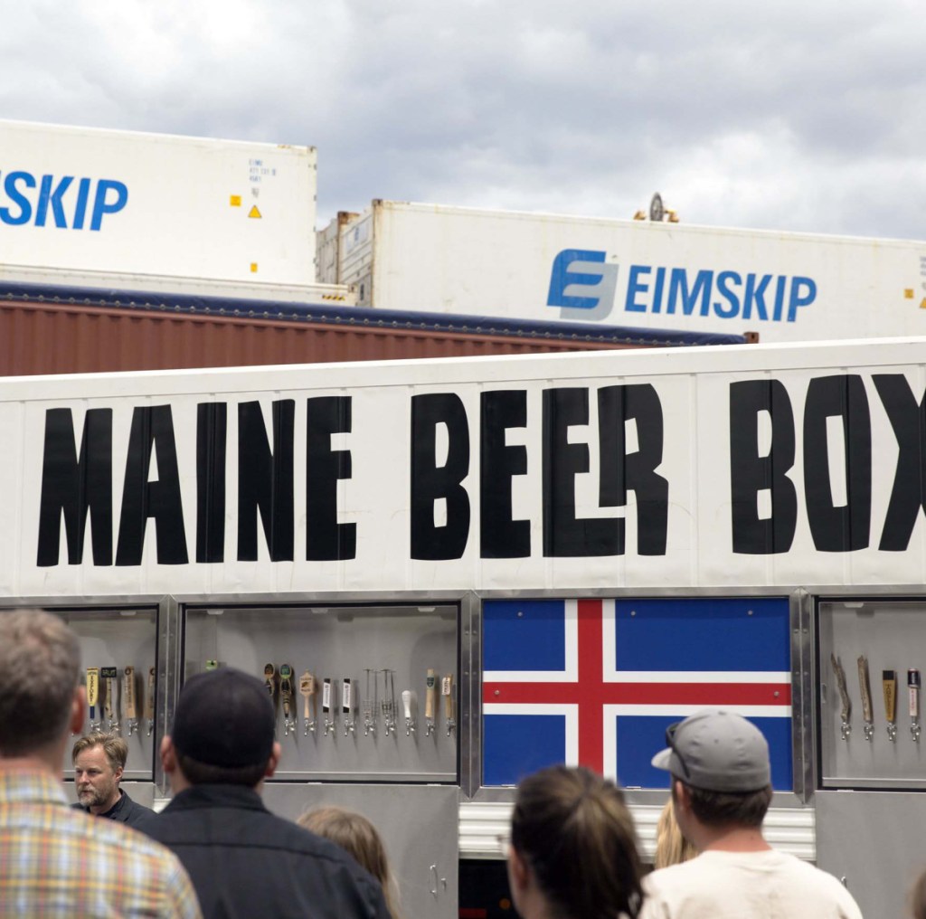 Dozens of Maine brewers gather last June at Eimskip on Portland's waterfront to bid bon voyage to the Maine Beer Box, a custom shipping container full of Maine-made brews bound for a beer festival
in Iceland.