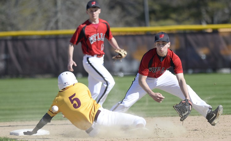 Valentin Murphy of Cape Elizabeth slides safely into second with a stolen base Friday as Gary Andrews of Wells covers the bag.Backing up the play is Liam Bell. Wells scored four runs in the seventh inning to overtake the Capers for an 8-6 victory.