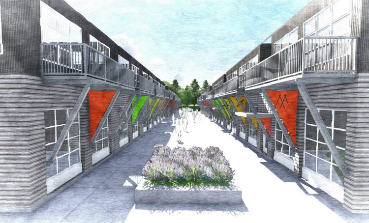 Plans call for two sets of two-story buildings flanking a shared plaza. The live-work spaces would have 12-foot ceilings with overhead doors on the first floor and living space in the loft.