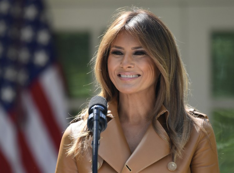 First lady Melania Trump speaks on her initiatives during an event in the Rose Garden of the White House in Washington on May 7.  The White House says Mrs. Trump is hospitalized after undergoing a procedure to treat a benign kidney condition.