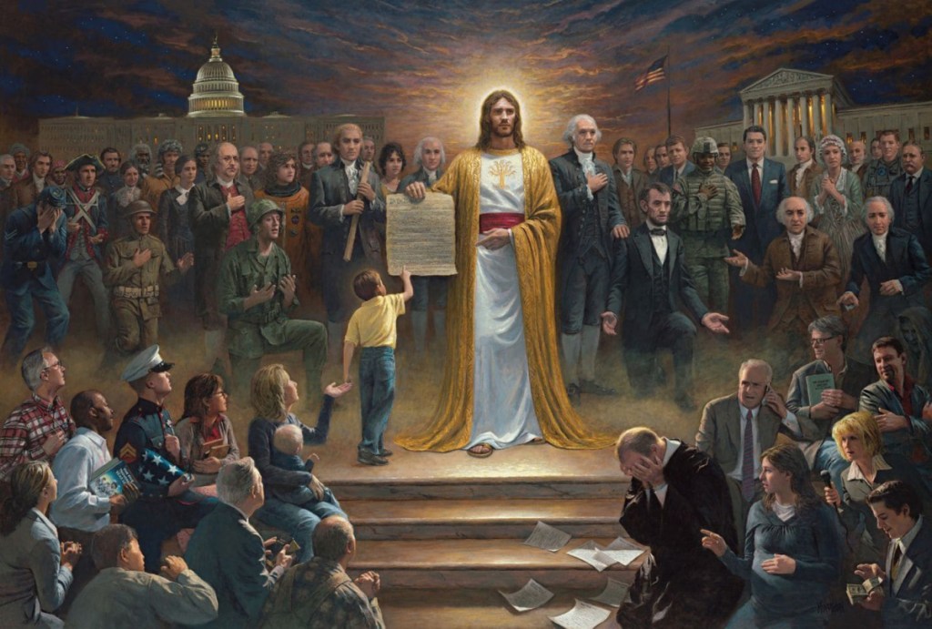 Utah artist Jon McNaughton started painting landscapes, but then transitioned to political art after the 2008 presidential election. "One Nation Under God," above, is one of Jon McNaughton's earliest works, featuring Jesus Christ with a copy of the Constitution. At left, McNaughton works on a piece called "Expose the Truth." He says customers often include personal notes of appreciation with orders.