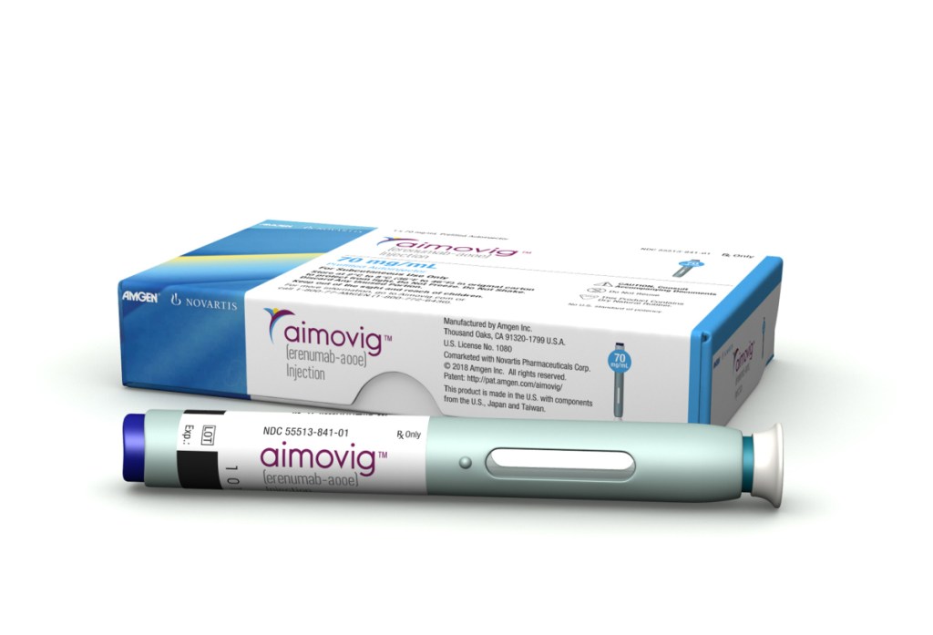 This image provided by Amgen Inc. on May 10 shows an artist's rendering of the packaging for Aimovig, the first in a new class of long-acting drugs designed to prevent chronic migraines. On Thursday, the Food and Drug Administration approved the medication, clearing the monthly shot for sale.