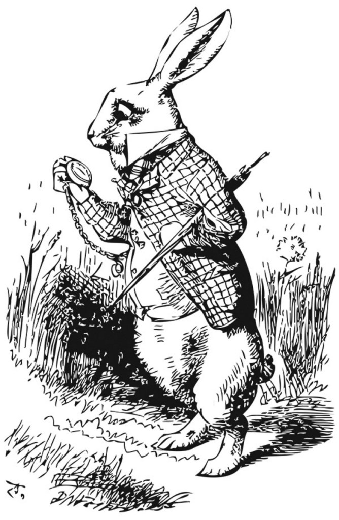 White Rabbit looking at it's watch in the Alice's Adventures in Wonderland original illustrated book.