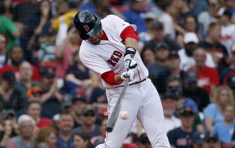 J.D. Martinez connects for the second of his two home runs Sunday – a two-run blast in the fifth inning that helped propel the Red Sox to a 5-0 win over the Orioles.