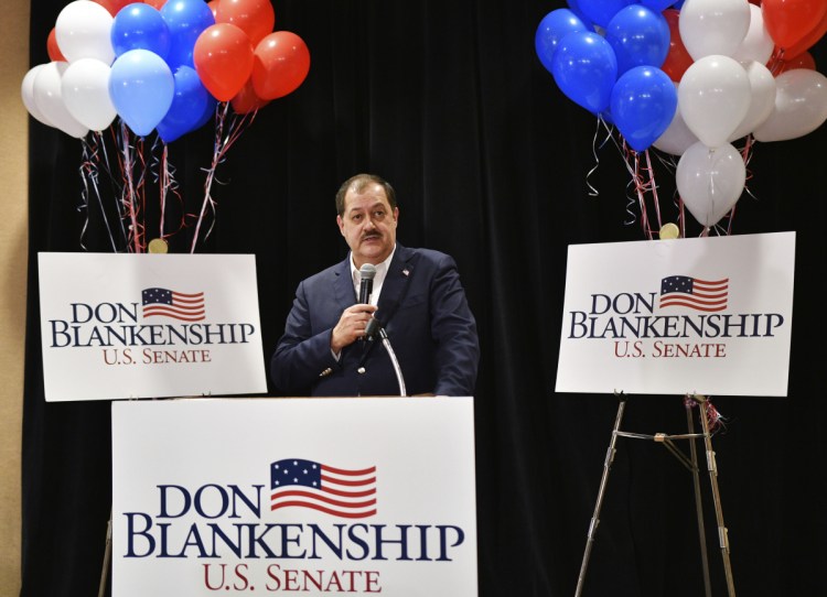 Former Massey Energy CEO Don Blankenship speaks to supporters in Charleston, W.Va. Despite having lost the Republican primary,  the convict and ex-coal baron Blankenship said he's going to continue his bid for U.S. Senate as a third-party candidate.