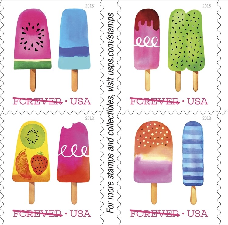 The Postal Service's scratch-and-sniff stamps include these Frozen Treats versions.