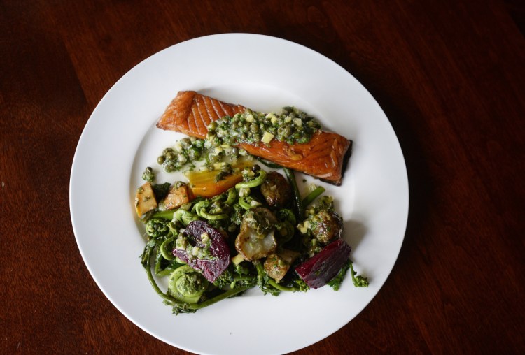 Hot Smoked Salmon and Vegetable Plate with Preserved Lemon and Caper Vinaigrette.