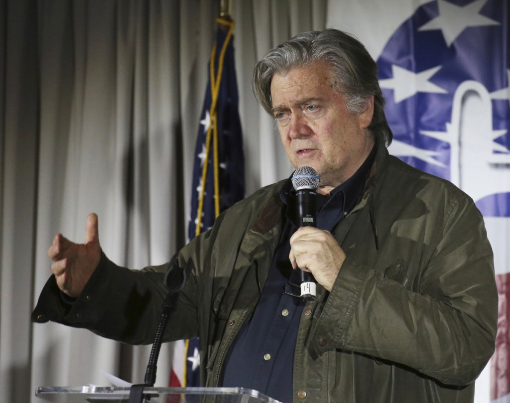 Steve Bannon, speaks in Manchester, N.H., in 2017. Bannon told an interviewer that The Rev. Martin Luther King Jr. would be "proud" of President Trump for reducing black unemployment.
Associated Press/
Mary Schwalm