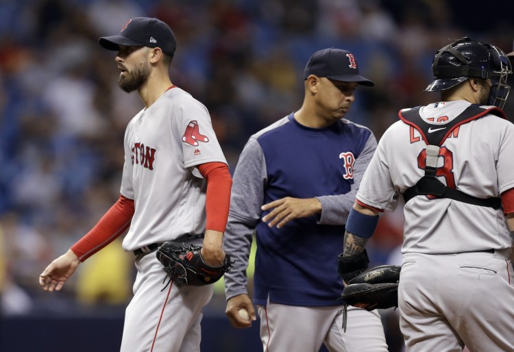 Red Sox Manager Alex Cora takes starting pitcher Rick Porcello out of Thursday's game in the fourth inning against the Tampa Bay Rays. Porcello allowed six runs, four earned.