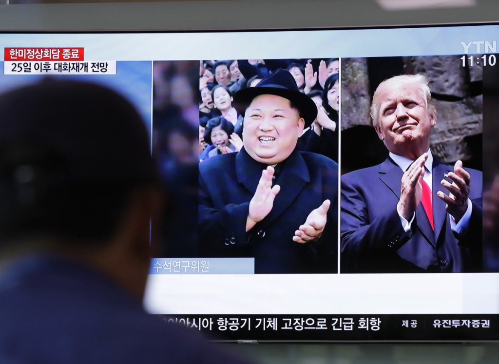 North Korean leader Kim Jong Un and President Trump seen on a South Korean news program in Seoul on Wednesday, the day before their planned summit collapsed under the weight of insults, miscommunication and backtracking.