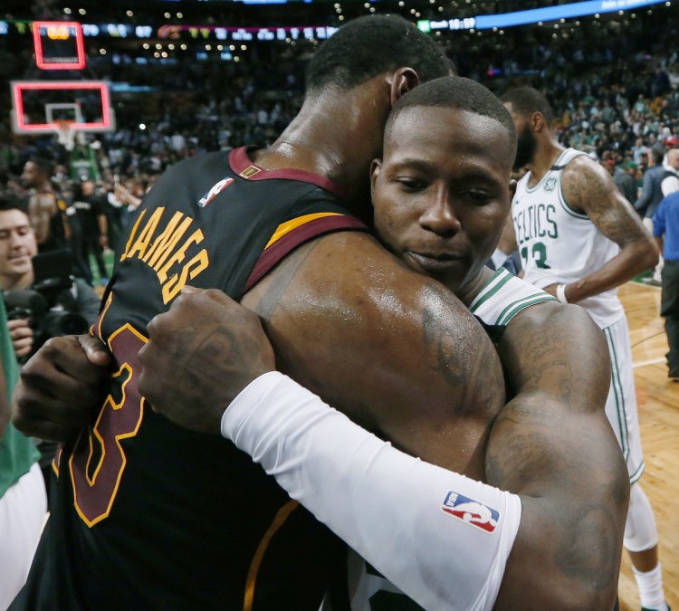 LeBron James of the Cleveland Cavaliers, after Game 7, embraces Terry Rozier, one of the players who contributed more than was expected to a deep Celtics run.
