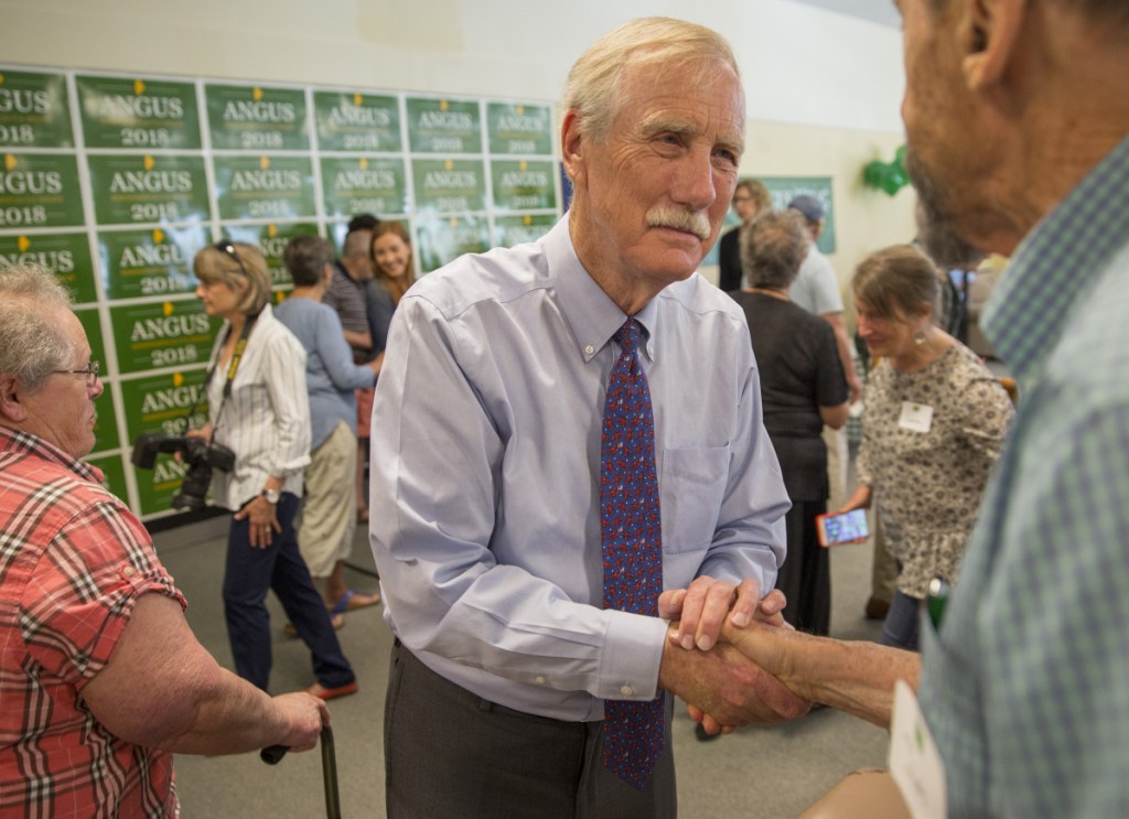 U.S. Sen. Angus King, shown in May 2018, has resumed treatment for prostate cancer, his office announced Friday, but he's expected to make a full recovery. 