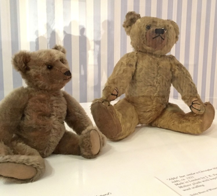 Stuffed bears like those owned by the sons of A.A. Milne and E.H. Shepard, the author and illustrator of the Winnie-the-Pooh books, are displayed at Atlanta's High Museum of Art.