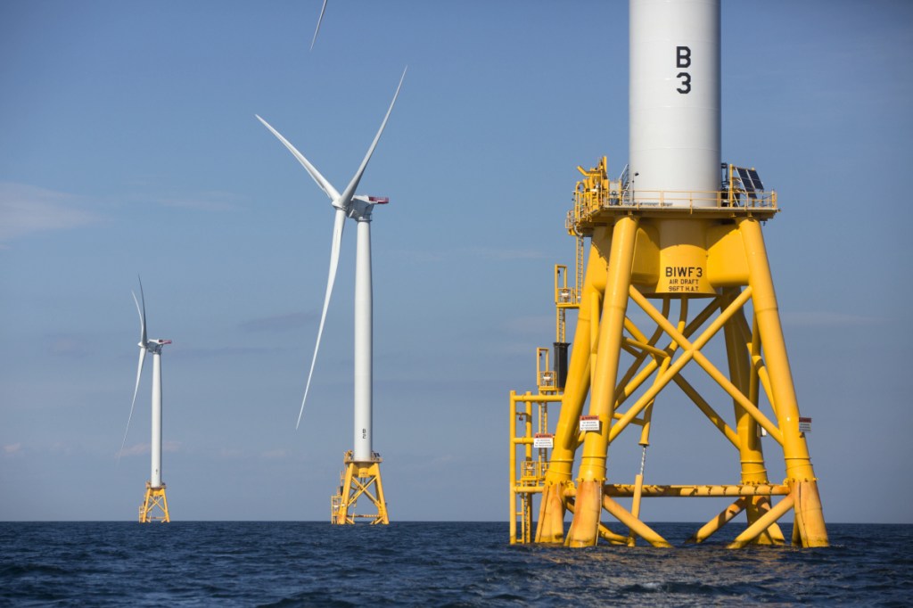 Deepwater Wind turbines stand off Block Island, R.I., in 2016. The company plans a 400-megawatt wind farm that will be 10 times the size of the nation's first offshore wind farm.