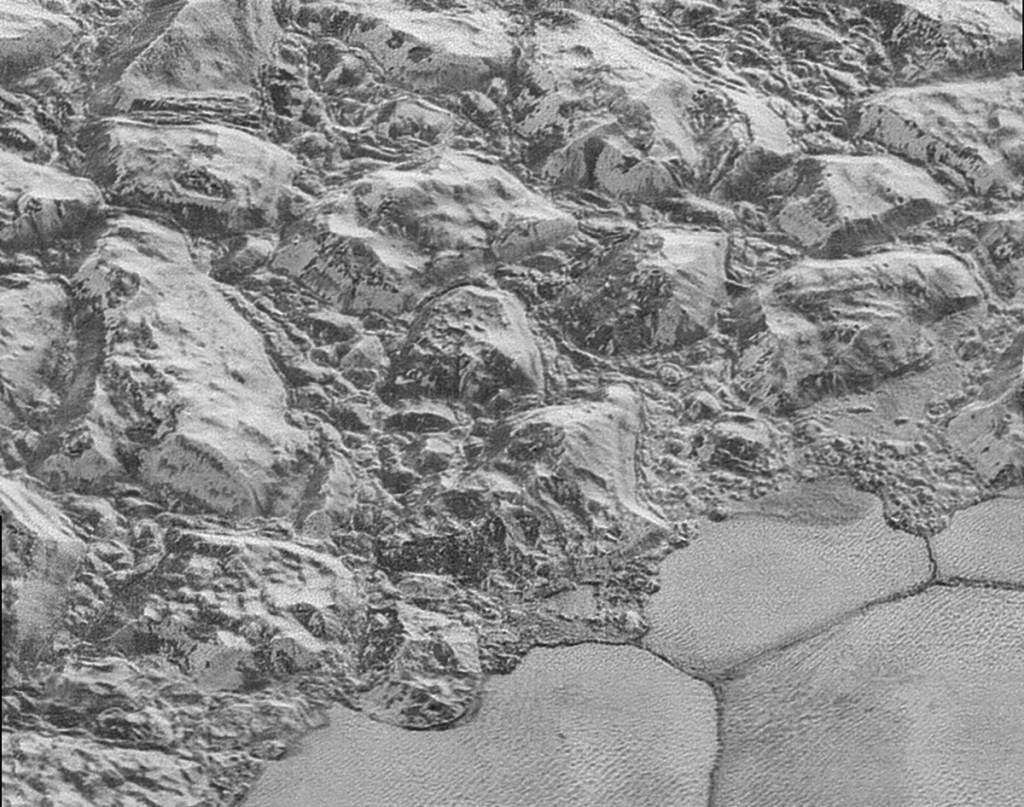 This July 2015 image made by the New Horizons spacecraft shows dunes, small ripples at bottom right, on Pluto.