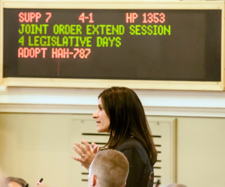 House Speaker Sara Gideon, D-Freeport, speaks from the floor during debate Wednesday on extending the session for four days.