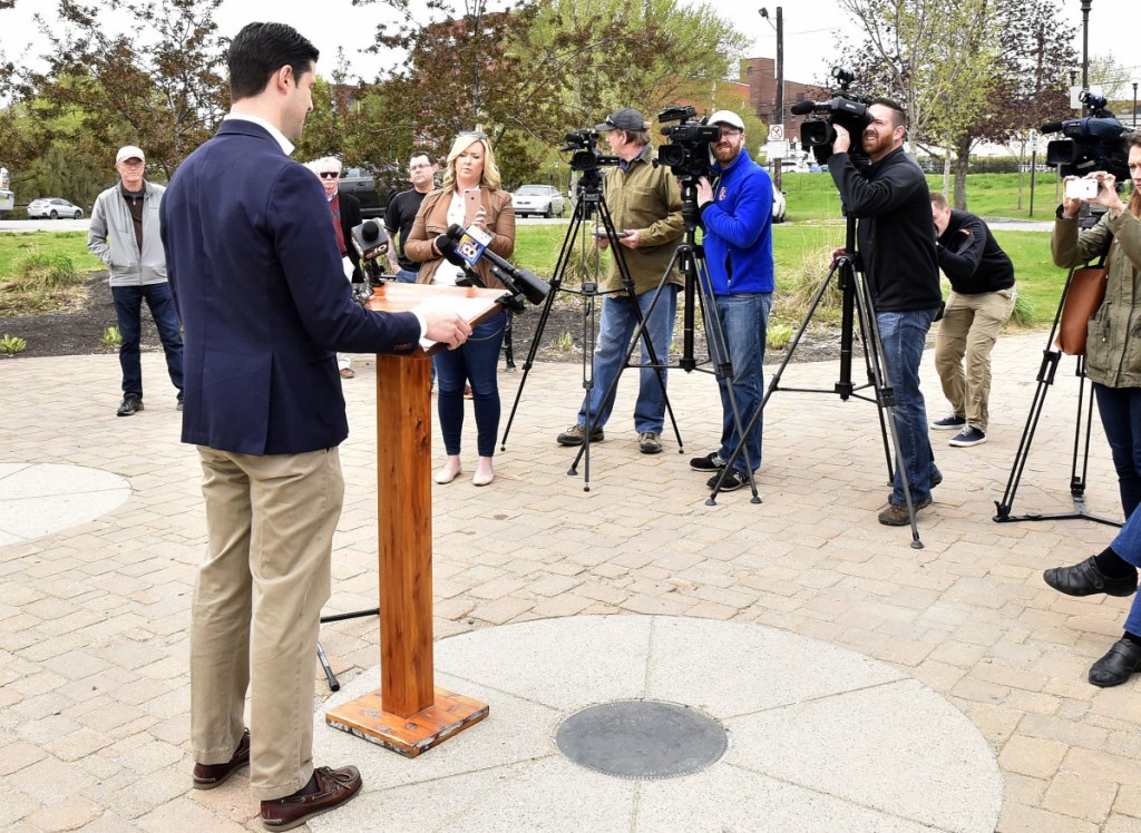Waterville Mayor Nick Isgro holds a news conference Monday in Waterville, where he made a statement that city councilors were working behind the scenes to craft a budget that would hike property taxes 13 percent, a comment City Manager Mike Roy and Councilor Steve Soule called false.