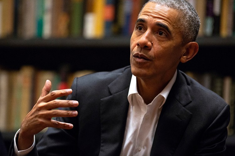 Former President Barack Obama  speaks to Obama Foundation Fellows in Chicago on May 16.