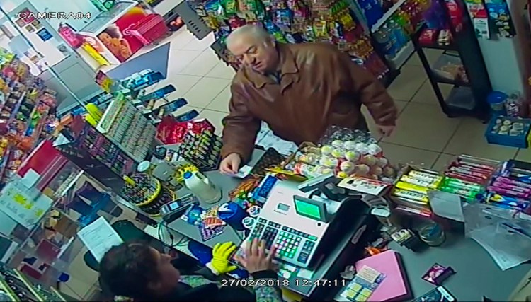 A still from a CCTV video showing former spy Sergei Skripal at a store in Salisbury, England a few days before the nerve agent attack.