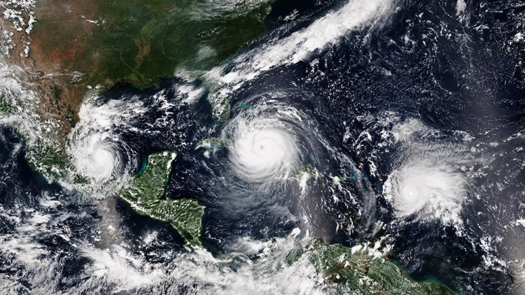 Satellite image of three 2017 hurricanes in the Atlantic at once - Katia, Irma and Jose.