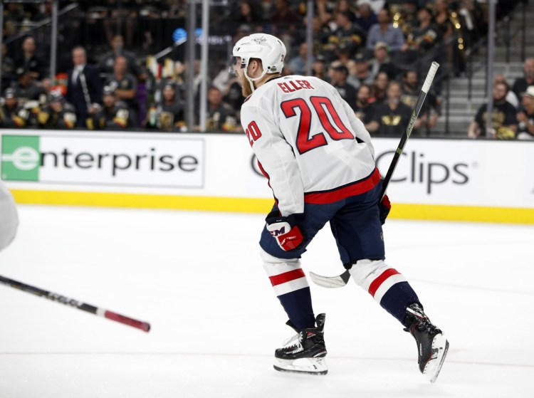 Washington Capitals center Lars Eller celebrates his goal against the Vegas Golden Knights during the first period in Game 2 of the Stanley Cup finals on Wednesday. The series is tied 1-1 heading back to Washington.