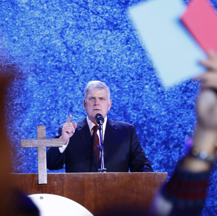 Evangelical preacher Franklin Graham speaks in Hanoi, Vietnam, in 2017. Graham, a supporter of President Trump, says he is coming to Berkeley, Calif., in peace and in a longshot attempt to sway some voters to support evangelical Christian candidates.