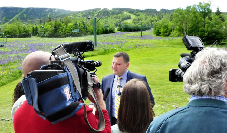 Sebastian Monsour of the Majella Group speaks with Saddleback Mountain in the background after his company agreed to buy the ski area in June 2017. On Thursday, Monsour was in jail in Australia.