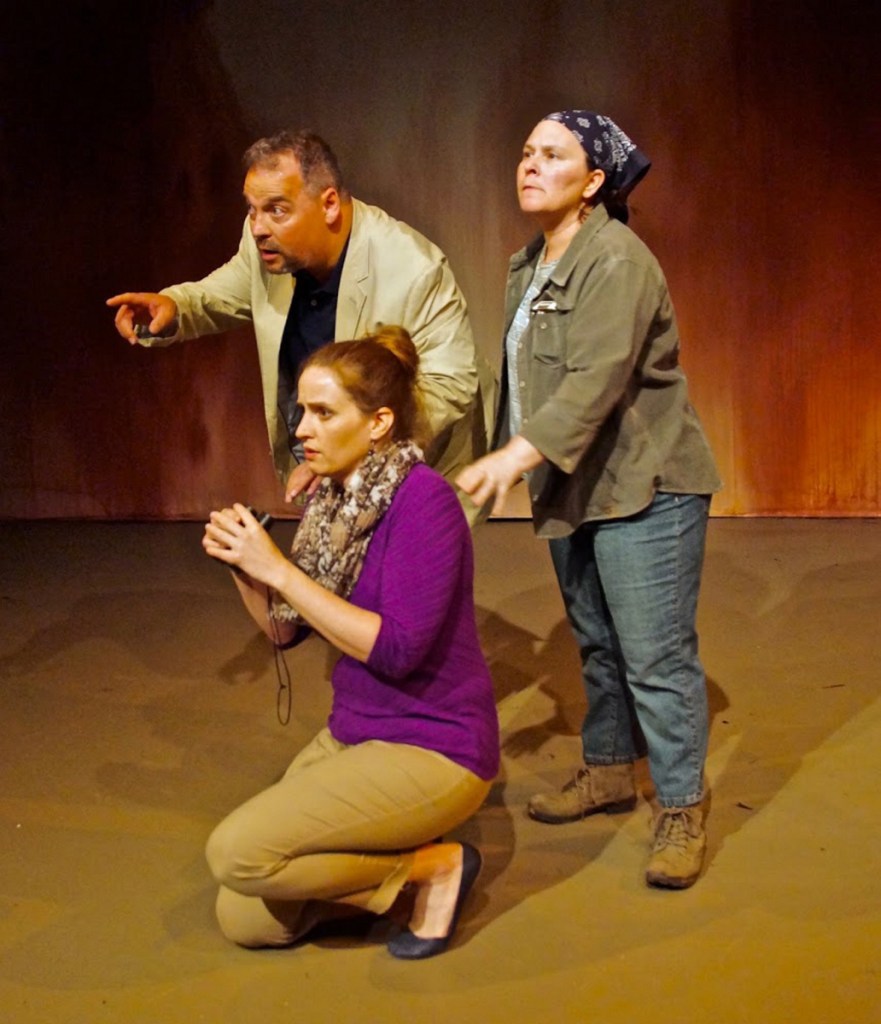 Corey M. Gagne, Marjolaine Whittlesey and Bess Welden appear in "False Flag" by the Dramatic Repertory Company in Portland.
