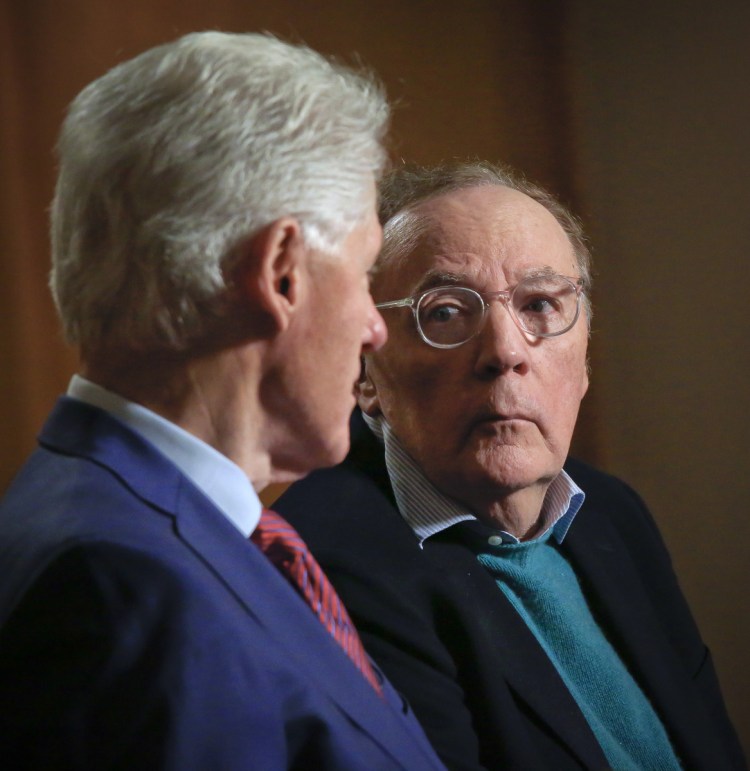 Former President Bill Clinton, left, and author James Patterson speak during an interview about their new novel.